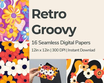 Retro Groovy Summer - Digital Paper Pack - 16 Seamless Patterns - 12x12in 300dpi, PNG and JPEG