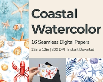 Papel digital de acuarela costera: 16 diseños sin costuras