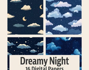 Dreamy Night - Digital Paper Pack - 16 Seamless Patterns - 12x12in 300dpi, PNG and JPEG