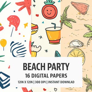 Summer Beach Party - Digital Paper Pack - 16 Nahtlose Muster - 12 x 12 in 300dpi, PNG und JPEG