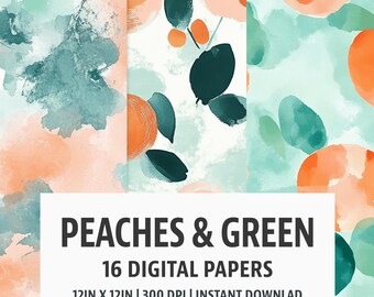 Peaches & Green - Digital Paper Pack - 16 Seamless Patterns - 12x12in 300dpi, PNG and JPEG