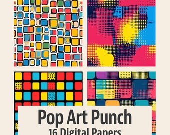 Pop Art Punch - Digital Paper Pack - 16 Seamless Patterns - 12x12in 300dpi, PNG and JPEG