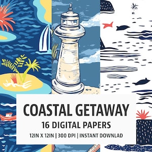 Coastal Getaway - Digital Paper Pack - 16 Seamless Patterns - 12x12in 300dpi, PNG and JPEG