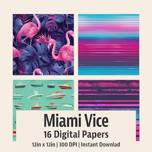 Può includere: Una stampa d'arte digitale con quattro design: fenicotteri rosa e foglie tropicali, strisce orizzontali rosa e blu, barche e un motivo rosa e blu strutturato. Il testo recita "Miami Vice". Le carte misurano 30,48 cm x 30,48 cm.