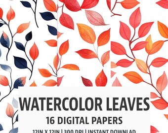 Watercolor Leaves Digital Paper: Seamless Scrapbook Backgrounds (12"x12")