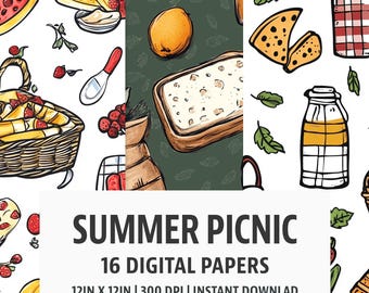 May include: Digital paper set with a summer picnic theme. The image features illustrations of food items like watermelon, cheese, bread, and fruit. The text reads "SUMMER PICNIC" and "16 DIGITAL PAPERS", with dimensions of 12in x 12in.