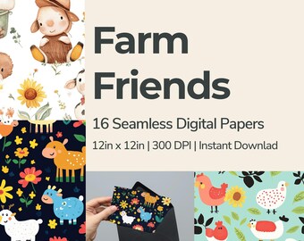 Farm Friends - Digital Paper Pack - 16 Seamless Patterns - 12x12in 300dpi, PNG and JPEG