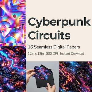 Puede incluir: Papeles digitales con temática cyberpunk. La imagen muestra una variedad de diseños coloridos de placas de circuito en tonos azules, rosas y naranjas. El texto "Cyberpunk Circuits" se muestra, junto con las dimensiones de los papeles, 30 cm x 30 cm.