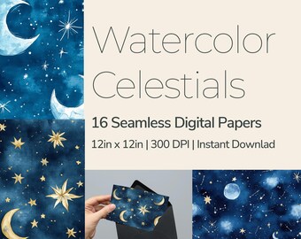 Watercolor Celestials - Digital Paper Pack - 16 Seamless Patterns - 12x12in 300dpi, PNG and JPEG