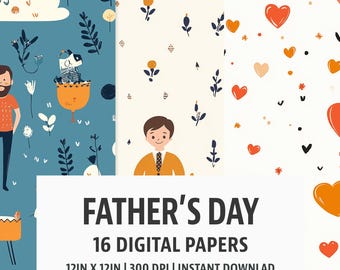 Father's Day - Digital Paper Pack - 16 Seamless Patterns - 12x12in 300dpi, PNG and JPEG