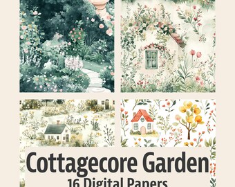 Cottagecore Garden Digital Paper: 16 Whimsical Floral Backgrounds (12"x12" Seamless JPEG & PNG)