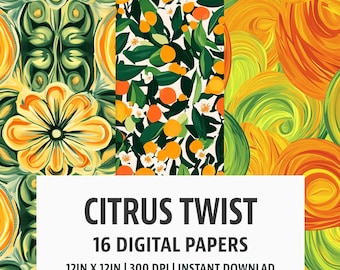 Citrus Digital Paper: 16 Bright Fruit Backgrounds (Digital Download)