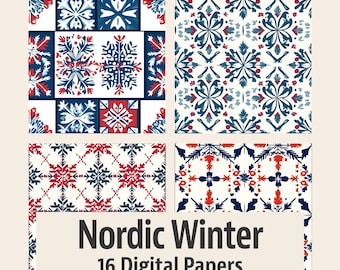Nordic Winter - Digital Paper Pack - 16 Seamless Patterns - 12x12in 300dpi, PNG and JPEG