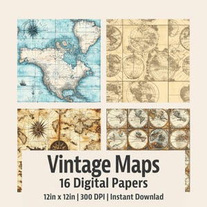 Op de afbeelding: Vier digitale papieren met vintage kaartontwerpen in tinten blauw, beige en bruin. De afbeelding bevat een wereldkaart en kompasroos illustraties. De tekst luidt "Vintage Maps" en "16 Digital Papers". Afmetingen: 12 inch x 12 inch (30,48 cm x 30,48 cm).