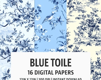 Blue Toile Digital Paper Set - 16 Seamless Backgrounds