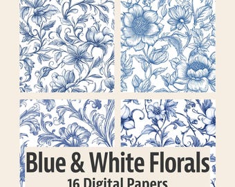 Blue & White Floral Digital Paper: Seamless Scrapbook Backgrounds (12"x12")