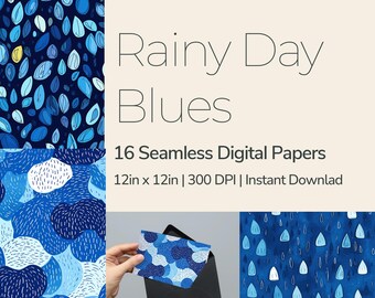 Rainy Day Blues - Digital Paper Pack - 16 Seamless Patterns - 12x12in 300dpi, PNG and JPEG