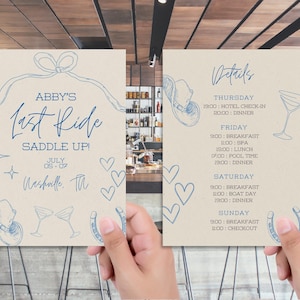 Letzte Fahrt Bachelorette Einladung & Reiseplan, Nashville Bach Vorlage, Cowgirl Party, letztes Rodeo, bearbeitbare Canva Download