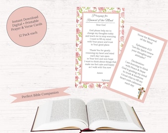 Renewal Prayer and Verse Card Pack | 12 Printable Christian Prayers and Bible Verses | Digital Scripture Cards for Healing & Encouragement