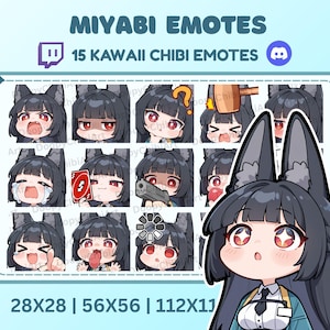 Puede incluir: Gráfico de arte digital con 15 emotes chibi kawaii con un personaje parecido a un lobo. Los emotes muestran varias expresiones, incluyendo ira, confusión y alegría. El texto "MIYABI EMOTES" y "15 KAWAII CHIBI EMOTES" se muestra en la parte superior.