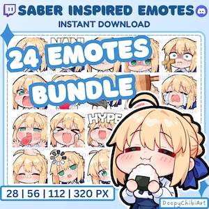 Peut inclure: Image numérique à télécharger avec 24 emotes inspirées de Saber, de style chibi. Le texte comprend "SABER INSPIRED EMOTES", "TÉLÉCHARGEMENT INSTANTANÉ" et "24 EMOTES BUNDLE". Les tailles de pixels sont également indiquées. Les emotes ont diverses expressions.