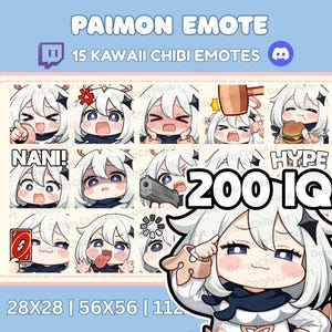 以下が含まれることがあります： 白髪のキャラクターと様々な表情が特徴の、15個の可愛いチビ絵文字のセットです。「PAIMON EMOTE」、「15 KAWAII CHIBI EMOTES」、「NANI!」、「HYPE」、および「200 IQ」のテキストが含まれています。画像サイズは28x28、56x56、112ピクセルです。