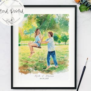 May include: Hand-painted artwork in a black frame. The watercolour painting depicts a person on a swing being pushed by another person in a park setting. The artwork is signed "Nick & Marissa, Aug 8, 2025". The artwork is framed with a white mount.