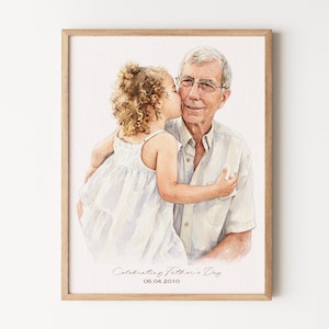 Könnte beinhalten: Gerahmtes Aquarellporträt, das ein junges Mädchen zeigt, das einen älteren Mann küsst. Der Rahmen ist aus hellem Holz. Der Text "Celebrating Father's Day" und das Datum "06.04.2010" sind unten abgebildet.