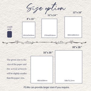 Pode incluir: Fundo bege com o texto "Size option" em escrita cursiva. A imagem exibe op&ccedil;&otilde;es de tamanho para obras de arte, incluindo 20,3 x 25,4 cm, 27,9 x 35,6 cm, 30,5 x 40,6 cm, 40,6 x 50,8 cm e 50,8 x 71,1 cm. As medidas est&atilde;o em polegadas e mil&iacute;metros.