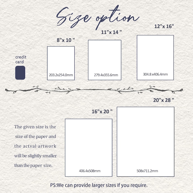 Pode incluir: Fundo bege com o texto "Size option" em escrita cursiva. A imagem exibe op&ccedil;&otilde;es de tamanho para obras de arte, incluindo 20,3 x 25,4 cm, 27,9 x 35,6 cm, 30,5 x 40,6 cm, 40,6 x 50,8 cm e 50,8 x 71,1 cm. As medidas est&atilde;o em polegadas e mil&iacute;metros.