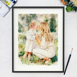 Pode incluir: Pintura em aquarela de uma m&atilde;e e uma crian&ccedil;a em um campo de flores. A m&atilde;e est&aacute; ajoelhada, segurando as m&atilde;os da crian&ccedil;a e beijando-a na testa. A obra de arte &eacute; emoldurada em uma moldura preta. A paleta de cores inclui verdes, azuis e amarelos suaves.