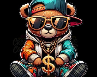 Hip Hop Teddy Bear PNG: Gangster Streetwear Design (Instant Download)