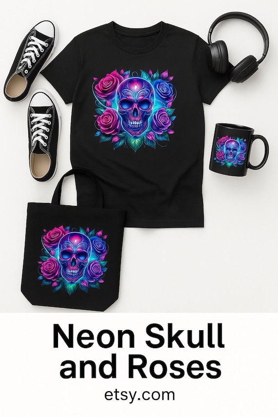Neon Skull and Roses Digital Art: Psychedelic Graphic (PNG