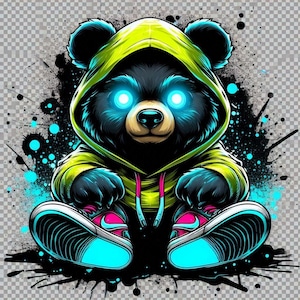Graffiti Bear PNG – Neon Streetwear Cartoon Bear Digital Download for T-Shirts, Stickers, and Wall Art