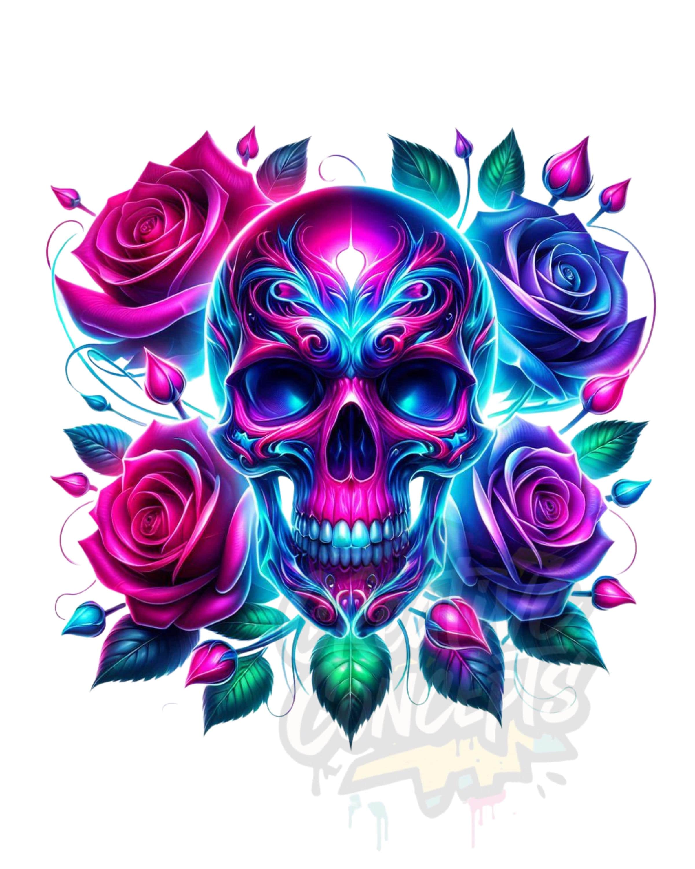 Neon Skull and Roses Digital Art: Psychedelic Graphic (PNG