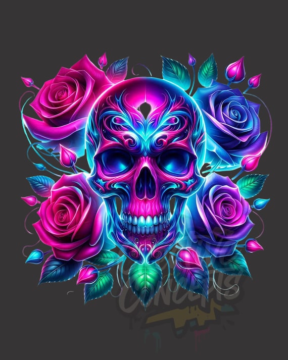 Neon Skull and Roses Digital Art: Psychedelic Graphic (PNG