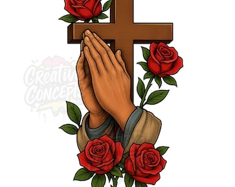Praying Hands Cross Roses PNG – christelijke kunstdownload voor shirts, stickers, muurkunst en meer