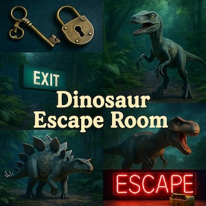May include: A composite image for a Dinosaur Escape Room, featuring a key, a padlock, a sign that says "EXIT", and the text "Dinosaur Escape Room". The image also includes illustrations of dinosaurs and the word "ESCAPE" in neon.