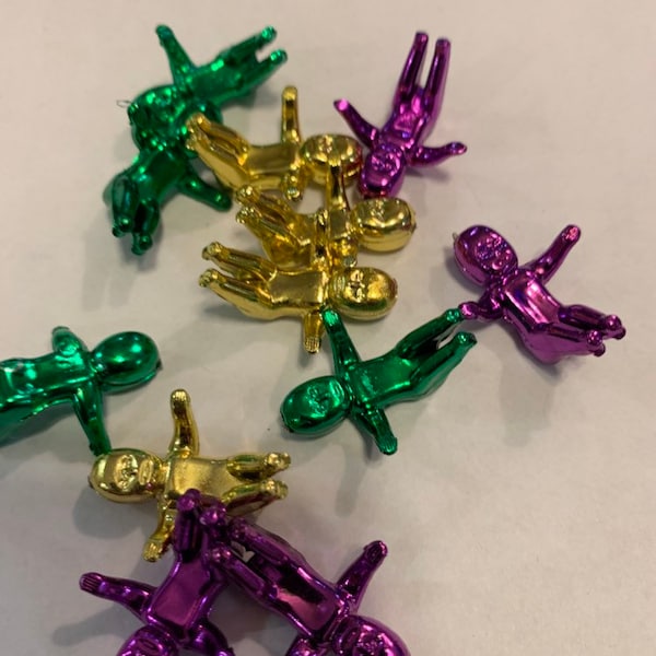 King Cake Babies in purple green and gold metallic finish. 1 dozen small King Cake Babies