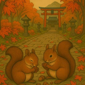 Japanisches Ukiyo-e-Eichhörnchen-Puzzle – Eichelfressende Eichhörnchen inmitten leuchtender Ahornblätter | Herbst-Schreinweg-Puzzle | Gemütliches Naturgeschenk