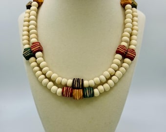 Handmade Beige Wood Bead Necklace: Colorful Accent Beads, Layering Jewelry