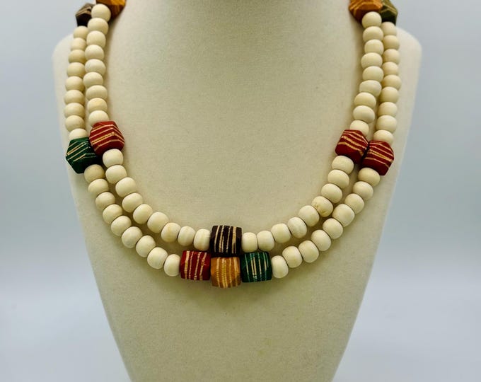 Handmade Beige Wood Bead Necklace: Colorful Accent Beads, Layering Jewelry