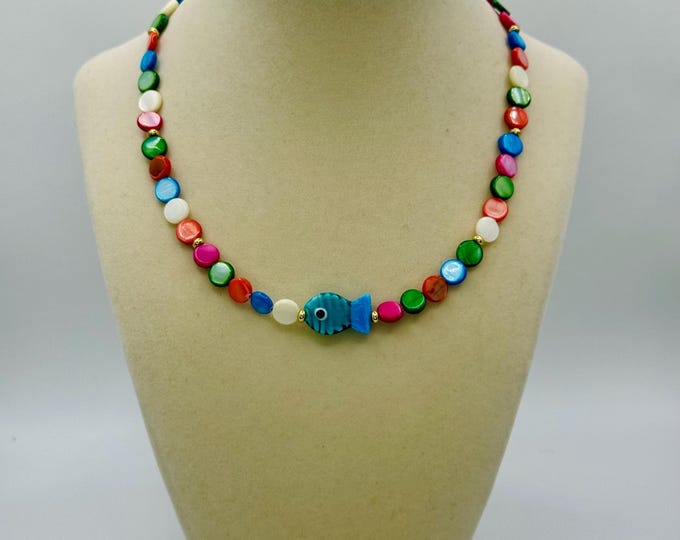Handmade Colorful Shell Necklace: Cyan Lampwork Fish, 16.5 Inch