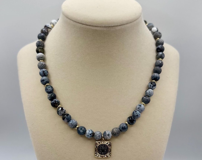 San Benito Charm in an 8mm Jade Beaded Necklace - 16.0 inches long