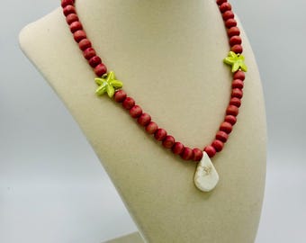 Wood Beaded Necklace with White Turquoise drop pendant and ceramic accents - 17” long