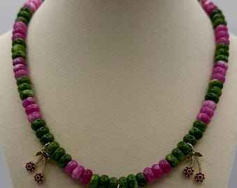 Jade Flat Rounded Dyed (8”x4.5”) Beaded Necklace with Strawberry charms - 17 inches long