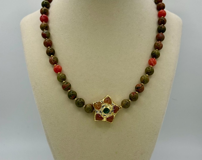 Unakite 8mm bead with pink dyed quartz and and pendant - 17 inches long