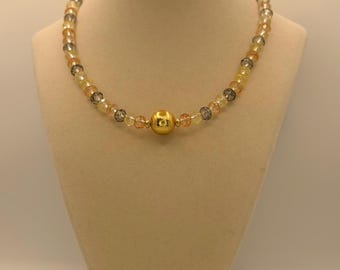 Handmade Crystal Bead Necklace, Gold Centerpiece, Sunset Colors