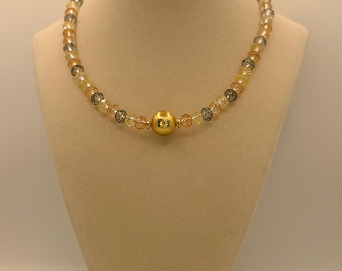 Handmade Crystal Bead Necklace, Gold Centerpiece, Sunset Colors