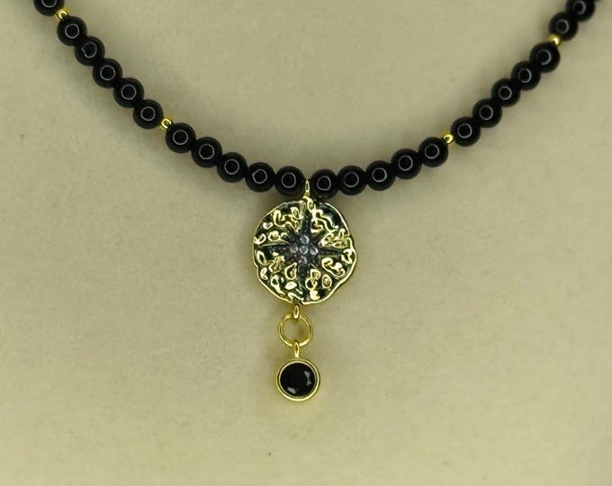 Black Agate Bead Necklace with Gold-Plated Star Link and Zirconia - 16.5” long